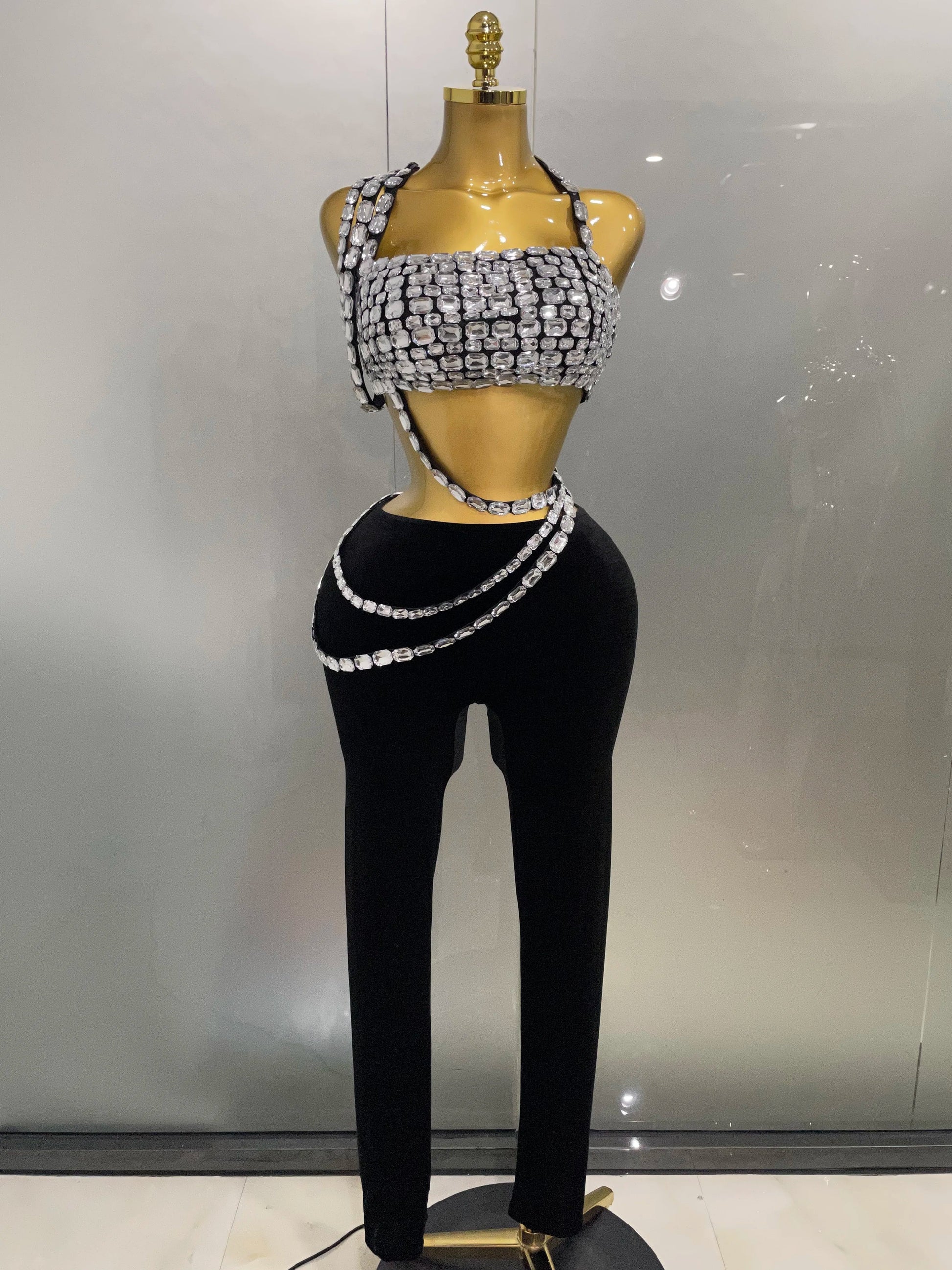 Luxury Sparkle Diamonds Sexy Crop Top Velour Pant Two Pieces Set Women Celebrate Birthday Party Nightclub Stage Costume black