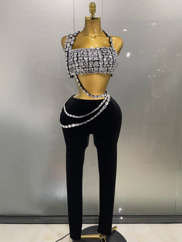 Luxury Sparkle Diamonds Sexy Crop Top Velour Pant Two Pieces Set Women Celebrate Birthday Party Nightclub Stage Costume black