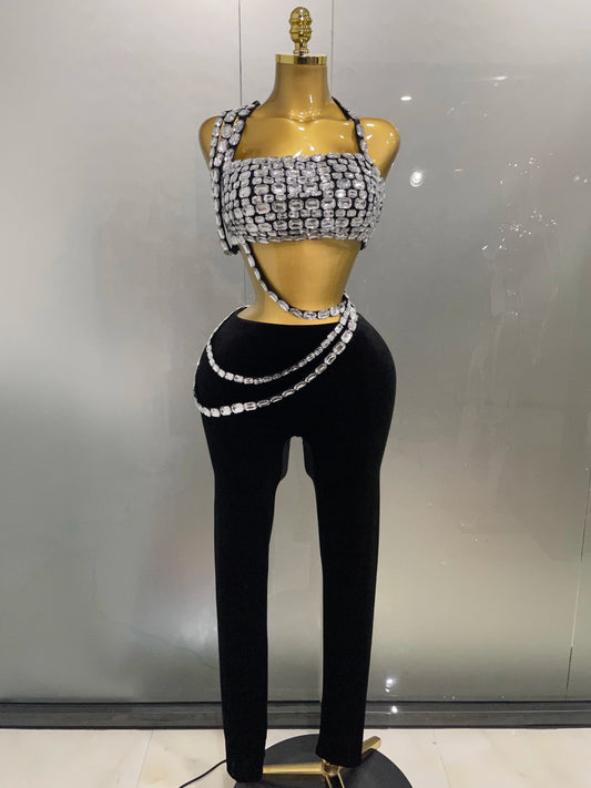 Luxury Sparkle Diamonds Sexy Crop Top Velour Pant Two Pieces Set Women Celebrate Birthday Party Nightclub Stage Costume black
