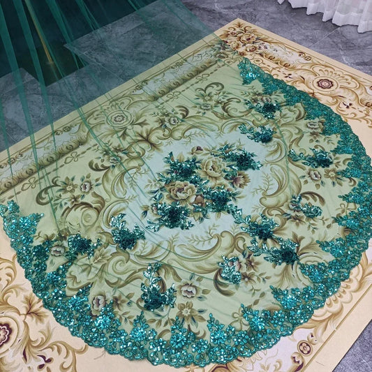 300cm Long 1 Layer Chapel / Cathedral Length Bridal Veil Green Sequin Lace Veil Wedding Accessories Metal Comb