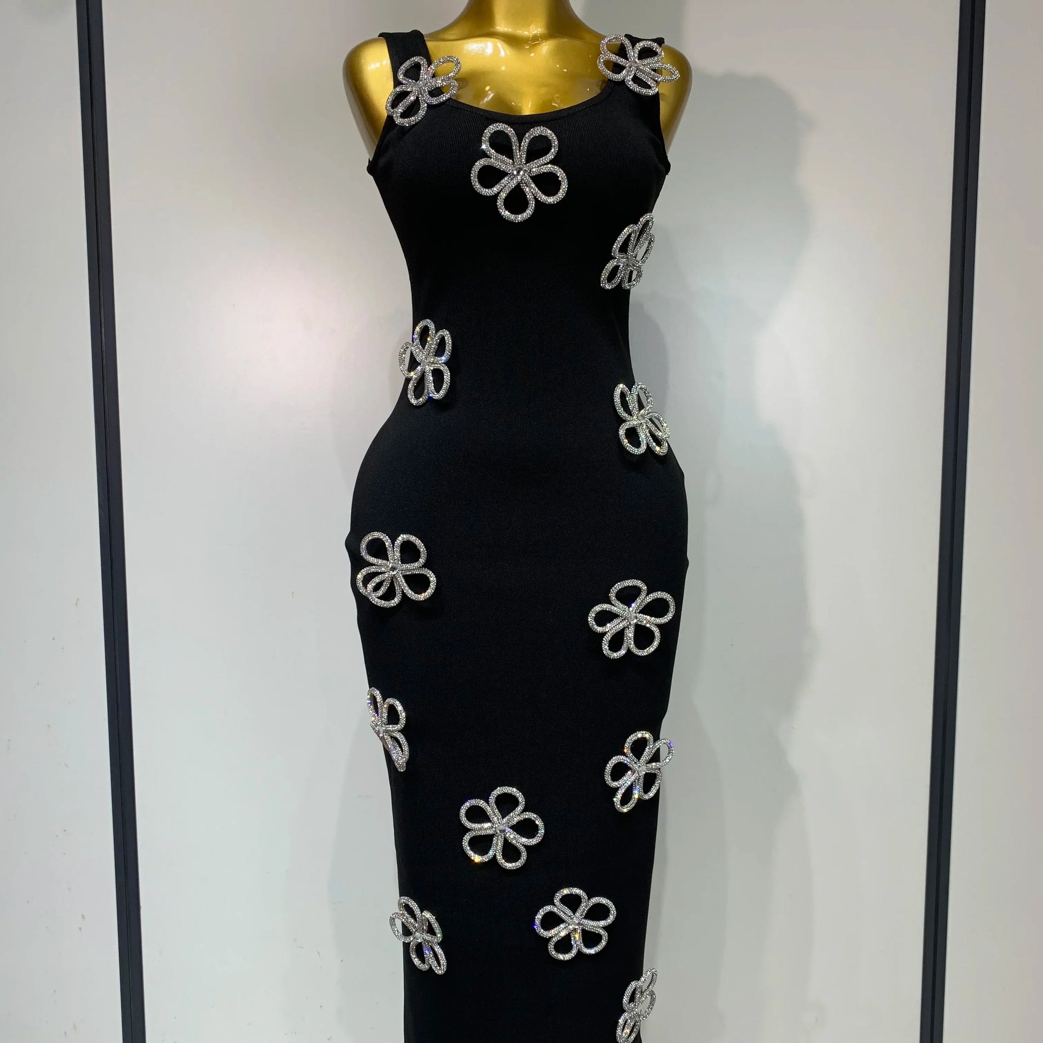 Women Celebrity Sexy Diamonds Flower Black Long Bodycon Bandage Dress Elegant Evening Club Party Luxury Birthday Dresses black