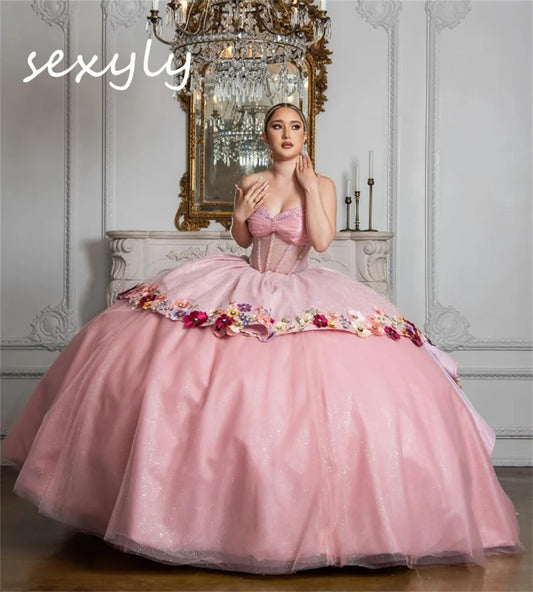 Pink Quinceanera Dress Charro Sweetheart Ball Gown Flower Vestio De 15 Xv Anos Sixteen Masquerade Sequined Savistidos Customized Pink