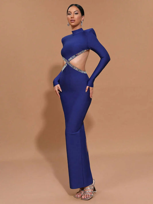 Women'S Light Luxury Nail Bead Sexy Backless Bandage Dress Stand Collar Long Sleeved Bodycon Backless Long Dress Vestidos