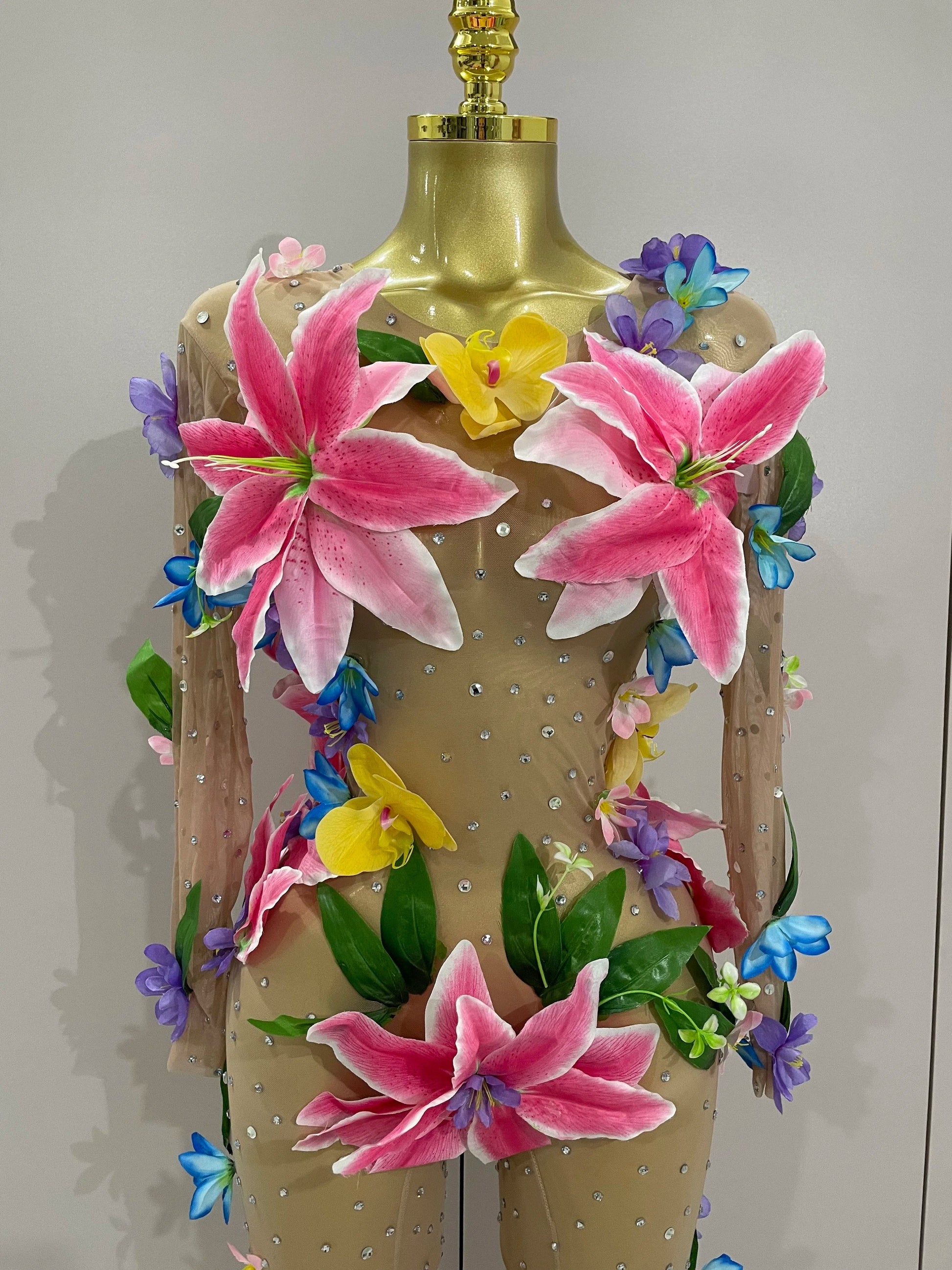 Sparkly Rhinestones 3D Flower Nude Mesh Transparent Jumpsut Women Evening Party Birthday Nightclub Performance Stage Costume