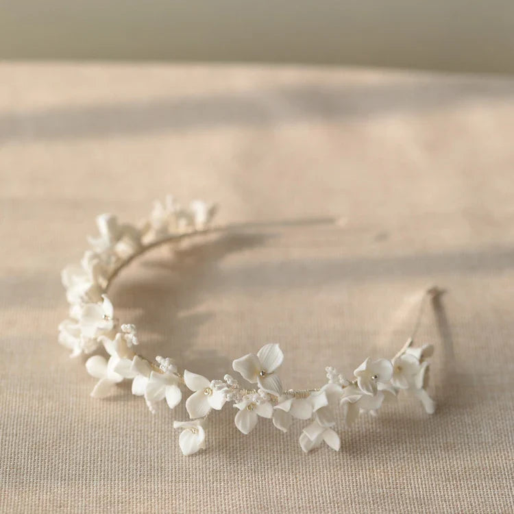 Porcelain Flower Headband Hairband For Bride Silver Color Headpiece Headdress Headwear Bridal Jewelry Wedding Hair Accessories