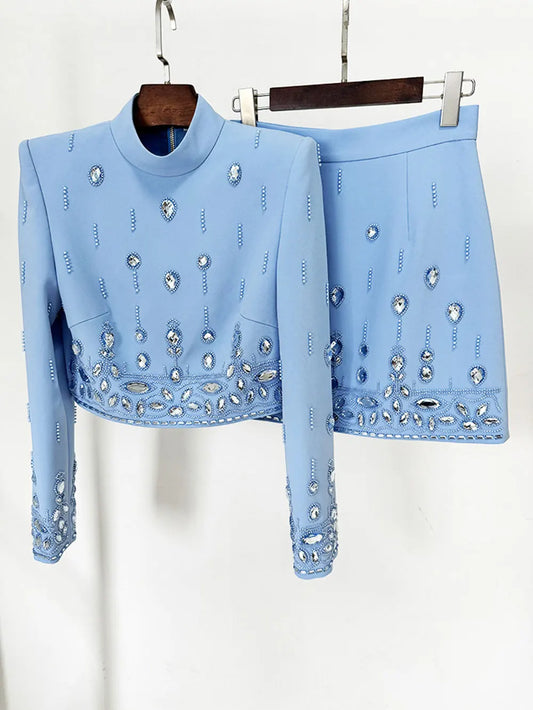 Autumn Elegant Women's Nail Pearl Water Diamond Blue Skirt Sets O-neck Long Sleeve Hoodie Top+Mini Skirt Two Piece Set SKY BLUE