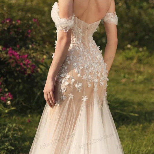 Wunderschöne Brautkleider elegantes Brautkleid hübsche Luxusschantel Meerjungfrau Spitzen Applikationen vor dem Schulter Vestidos de Novia