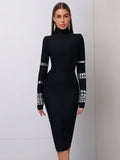 Elegant Women's Bead Design Bandage Dress High Neck Long Sleeve Bodycon Flute Dress Cocktail Evening Party Vestidos black