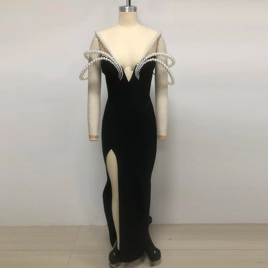 Arrival Women Sexy Big Pearl Beading Strapless Bodycon Long Bandage Dress Celebrate Evening Party Birthday Outfit