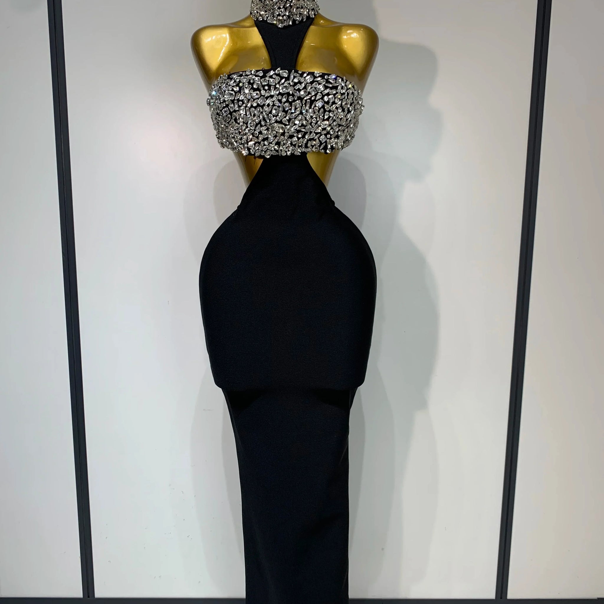 Women Sexy Backless Sparkly Crystal Diamonds Black Bodycon Bandage Dress Celebrity Elegant Evening Club Party Birthday Dresses black