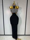 Women Sexy Backless Sparkly Crystal Diamonds Black Bodycon Bandage Dress Celebrity Elegant Evening Club Party Birthday Dresses black