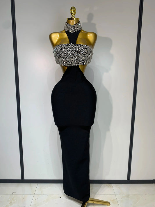 Women Sexy Backless Sparkly Crystal Diamonds Black Bodycon Bandage Dress Celebrity Elegant Evening Club Party Birthday Dresses black