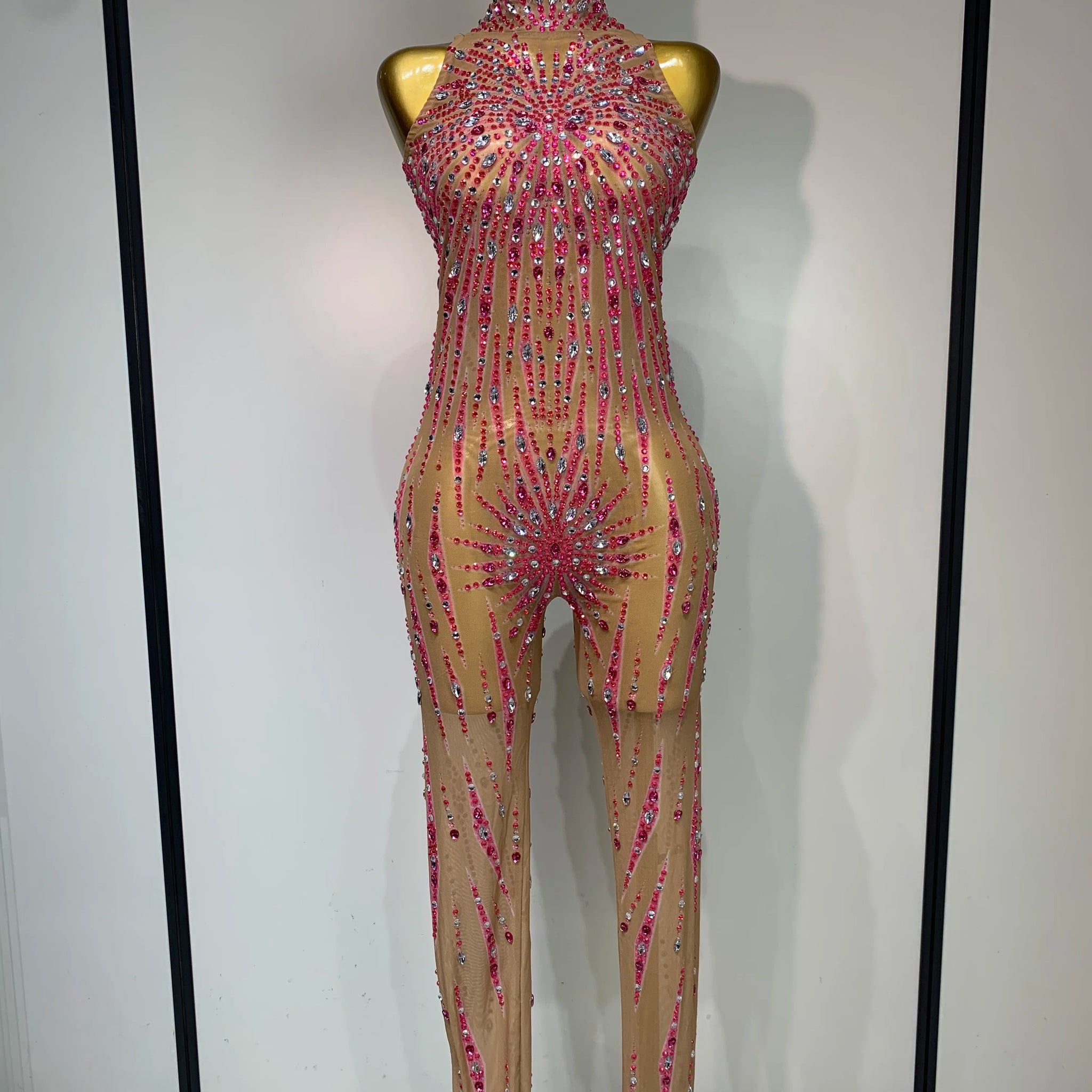 Sparkly Rhinestones Mesh See Through Jumpsuit Women Sexy Sleeveless Performance Dance Costume Birthday Nightclub Stage Outfit Pink