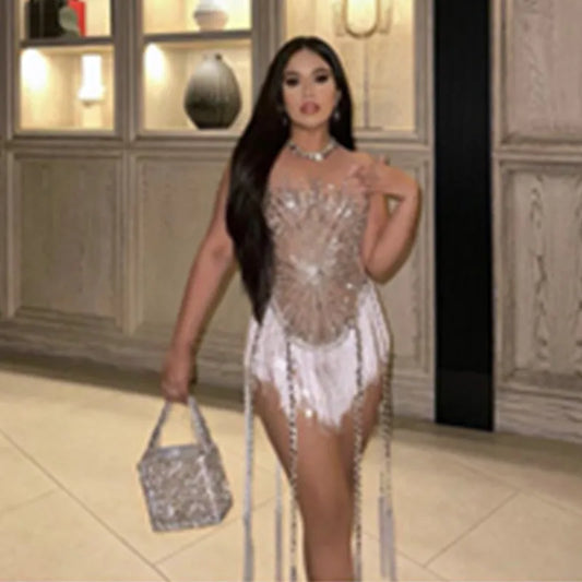 Women Sexy Mesh Shinning Sequins Tassel Bodycon Bodysuit Nightclub Party Birthday Performance Costume Stage Wear