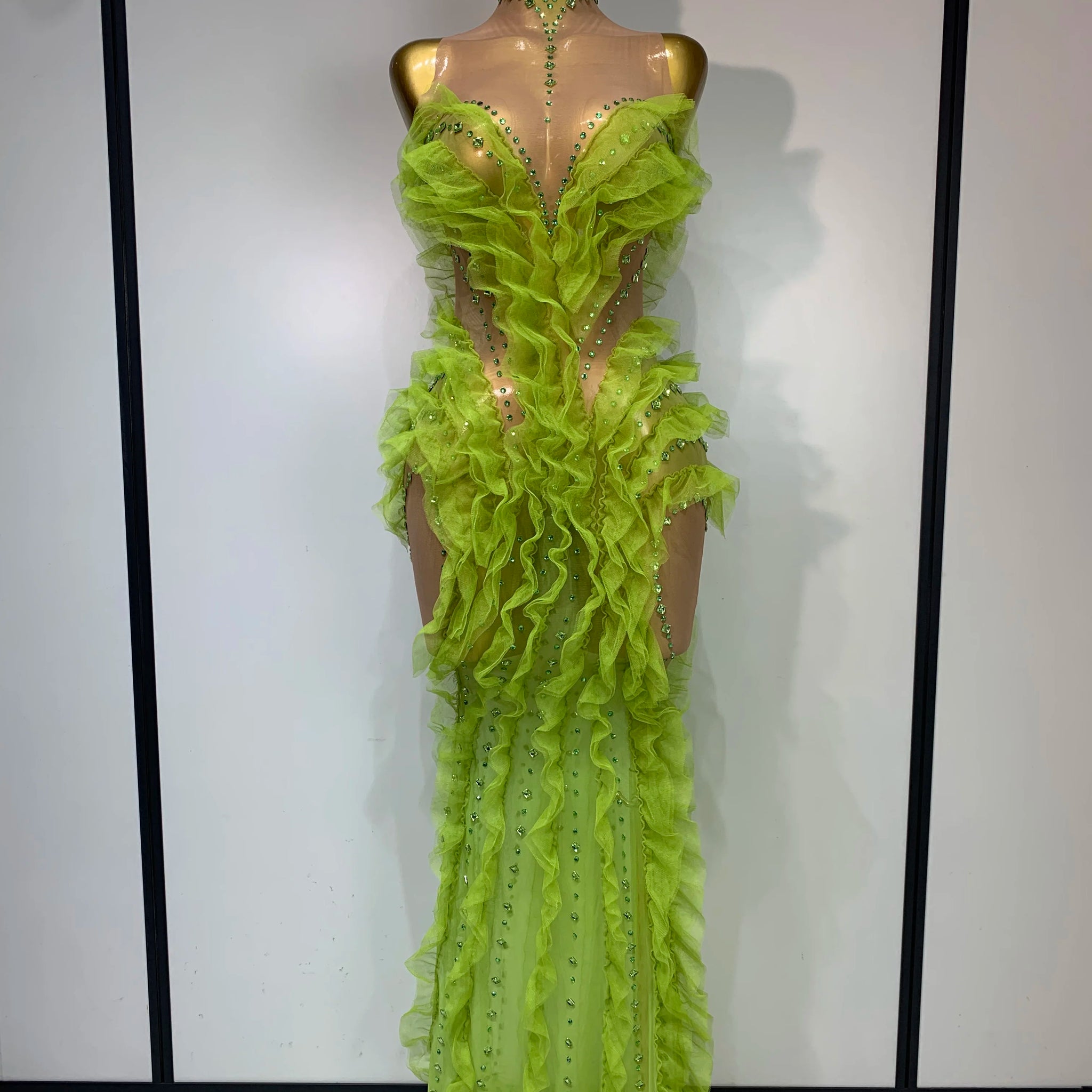Sparkly Green Rhinestones Mesh Sheer Ruffle Maxi Long Dress Celebrate Birthday Eveing Party Nightclub Stage Performance Costumes green