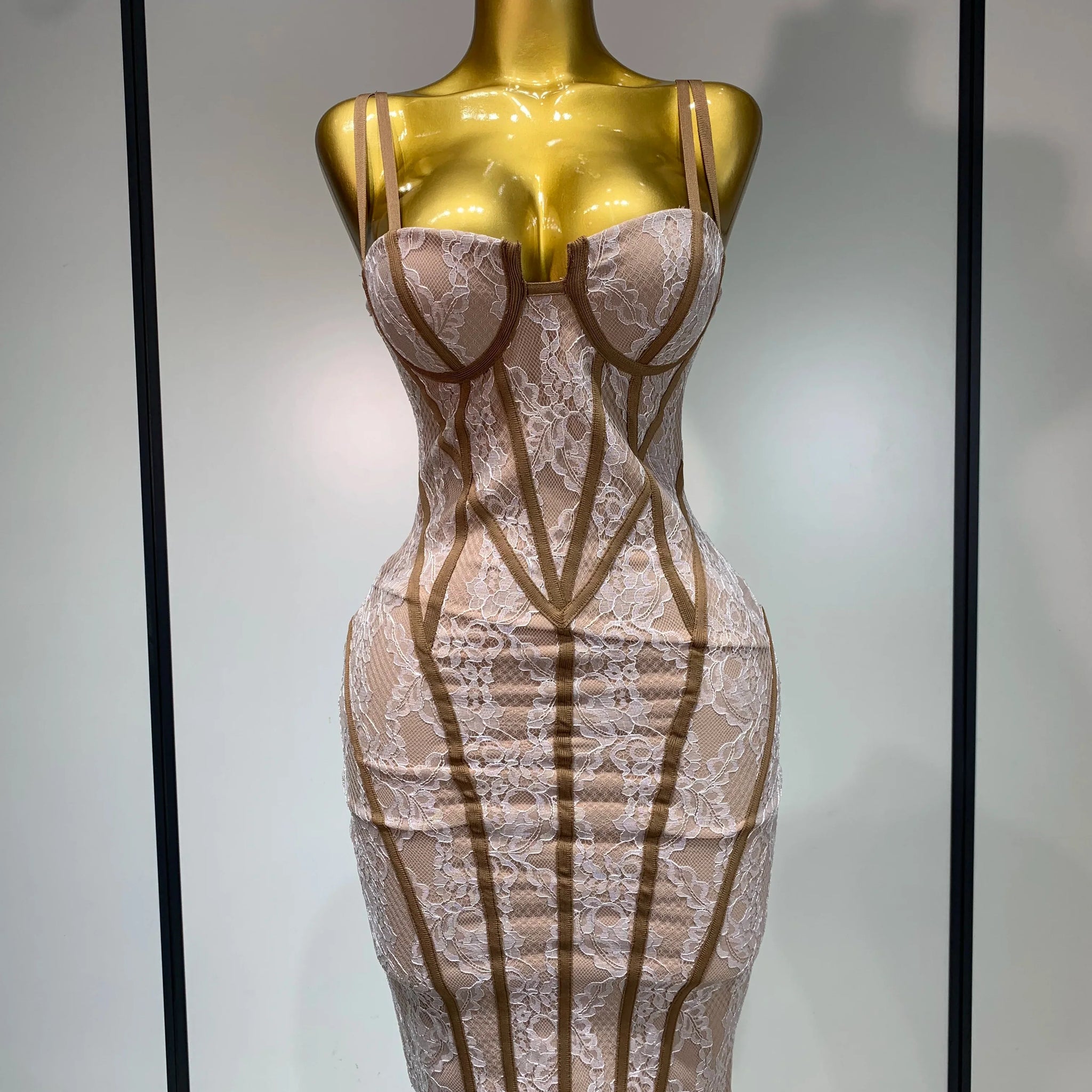 Luxury Birthday Dress Women Khaki Spaghetti Strap Lace Sexy Bodycon Celebrity Elegant Cocktail Club Party Bandage Dress Khaki