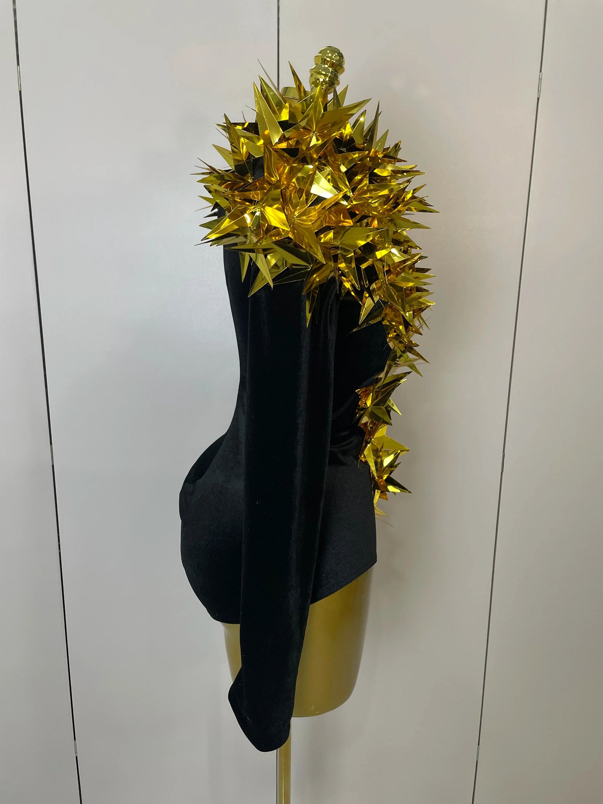 Shiny Gold Rhinestone Black Velvet Long Sleeve Bodysuit Women Evening Party Club Gala Hosts NightClub Bar Stage Costumes