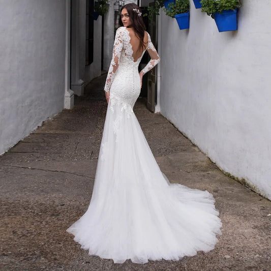 Luxo sereia vestido de casamento manga longa renda applique sexy com decote em v sem costas vestido de noiva tribunal varredura vestido de noiva