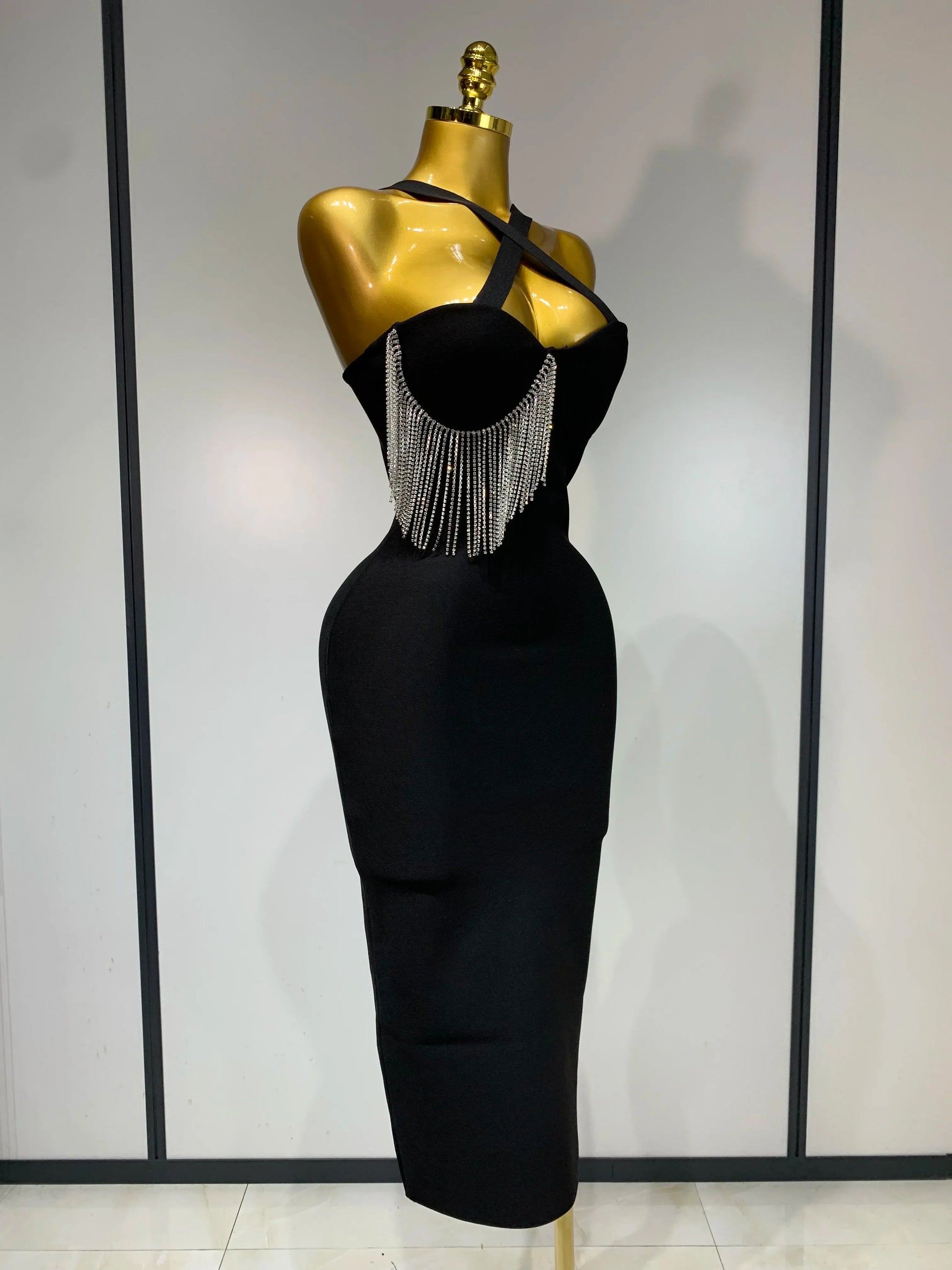 Women Sexy Diamonds Tassel Crystal Midi Black Bodycon Bandage Dress Elegant Evening Party Luxury Birthday Dresses Vestido