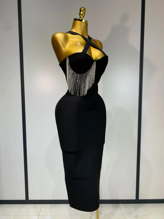 Women Sexy Diamonds Tassel Crystal Midi Black Bodycon Bandage Dress Elegant Evening Party Luxury Birthday Dresses Vestido