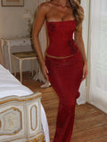 Red Color Women Sexy Shinning Florals 2 Pieces Bodycon Long Dress Celebrate Nightclub Party Birthday Fashion Outfit