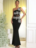 Sexy Women's Light Luxury Flower Set Diamond Design Bandage Dress One Shoulder Sleeveless Bodycon Patchwork Long Dresses black