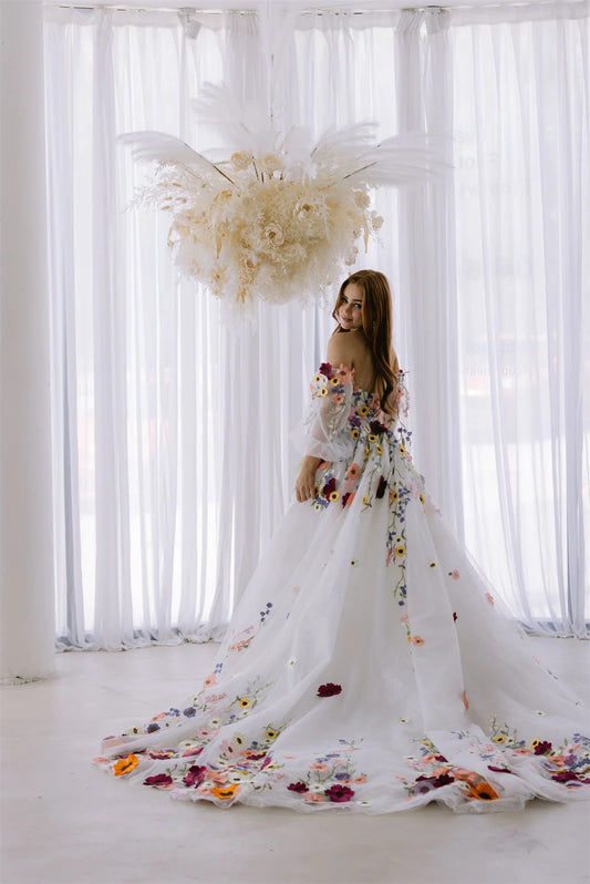Flowers Lace Embroidery Tulle Fabric Prom Dress Detachable Train vestidos de fiesta Strapless A-line فستان حفلات الزفاف