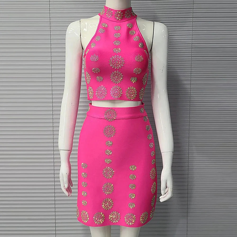 Sexy Women's Hot Diamond Top+Bandage Short Skirt Sets O-neck Sleeveless Short Tank Top+High Waist Short Skirt Two Piece Set Pink