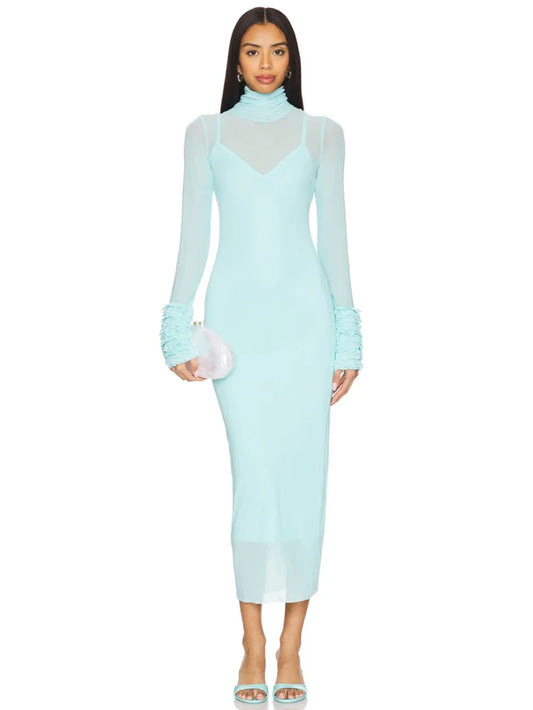 Sexy Turtleneck Ruffle-Cuff Mesh Tight Long Dress Women Long Sleeves Ruffles Bodycon Midi Dresses Evening Party Cocktail Club