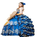 Blue Quinceanera Dresses Charro Ruffles Fluffy Vestidos De 15 Quinceañera Appliques Lace Debutante Birthday Party Customized Blue