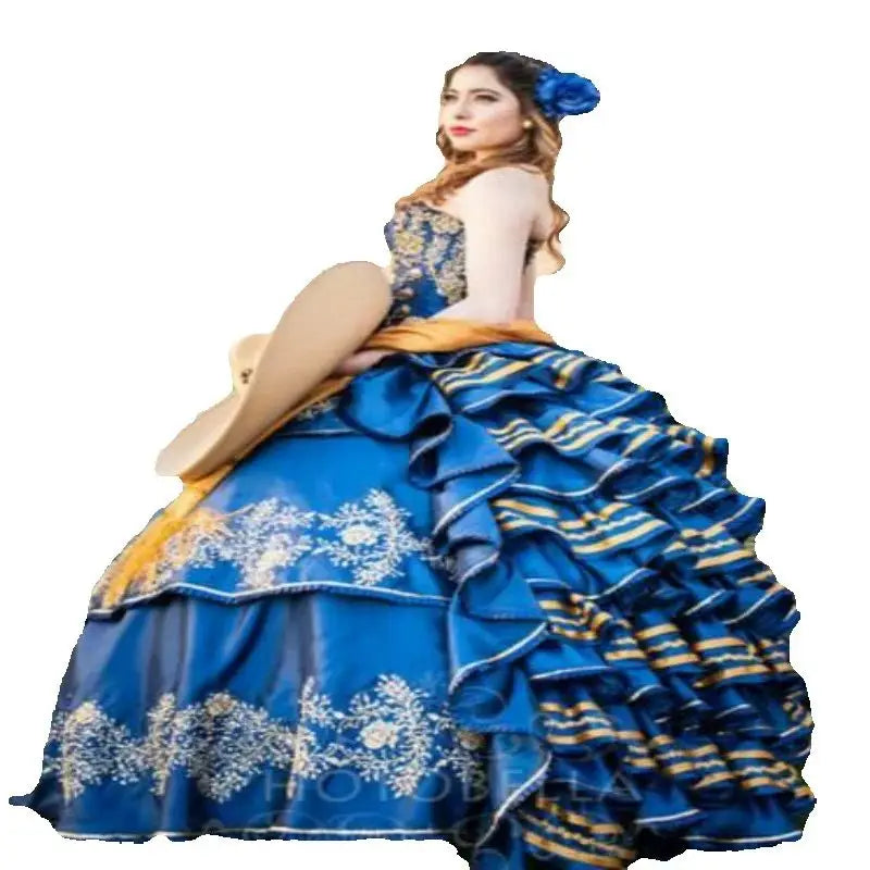 Blue Quinceanera Dresses Charro Ruffles Fluffy Vestidos De 15 Quinceañera Appliques Lace Debutante Birthday Party Customized Blue