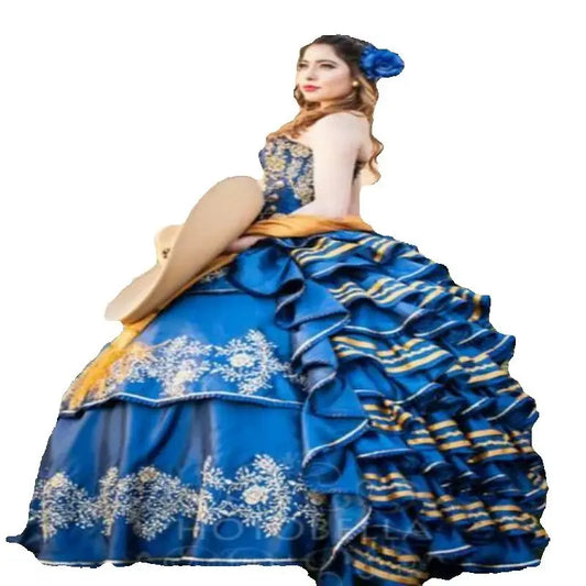 Blue Quinceanera Dresses Charro Ruffles Fluffy Vestidos De 15 Quinceañera Appliques Lace Debutante Birthday Party Customized Blue