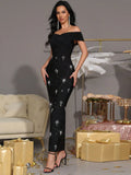Women's Light Luxury Nail Diamond Design Bandage Dress with Off Shoulder Shoulder Sleeve Bodycon Long Dress Party Vestidos