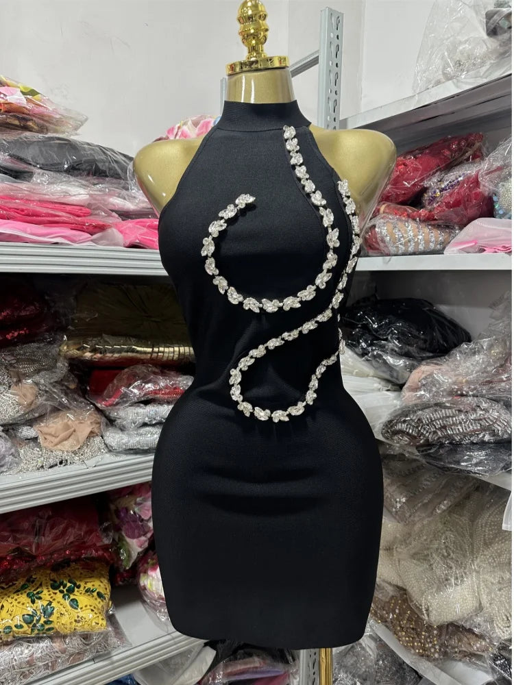 Summer Women Sexy Off the Shoulder Shinning Crystal Bodycon Mini Bandage Dress Nightclub Party Celebrate Birthday Wear black
