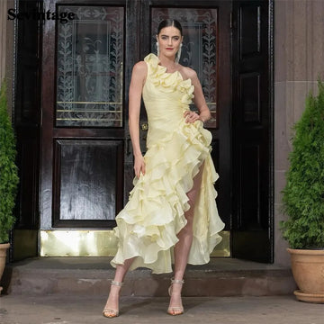 Princess Yellow Chiffon Prom Dress A-Line One Shoulder Ruffles Formal Evening Dress Slit Ankle Length Party Gowns