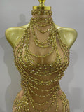 Luxury Sparkly Gold Rhinestone Sexy Transparent Mesh Long Dress Women Birthday Party Gown Stage Singer Performance Costume