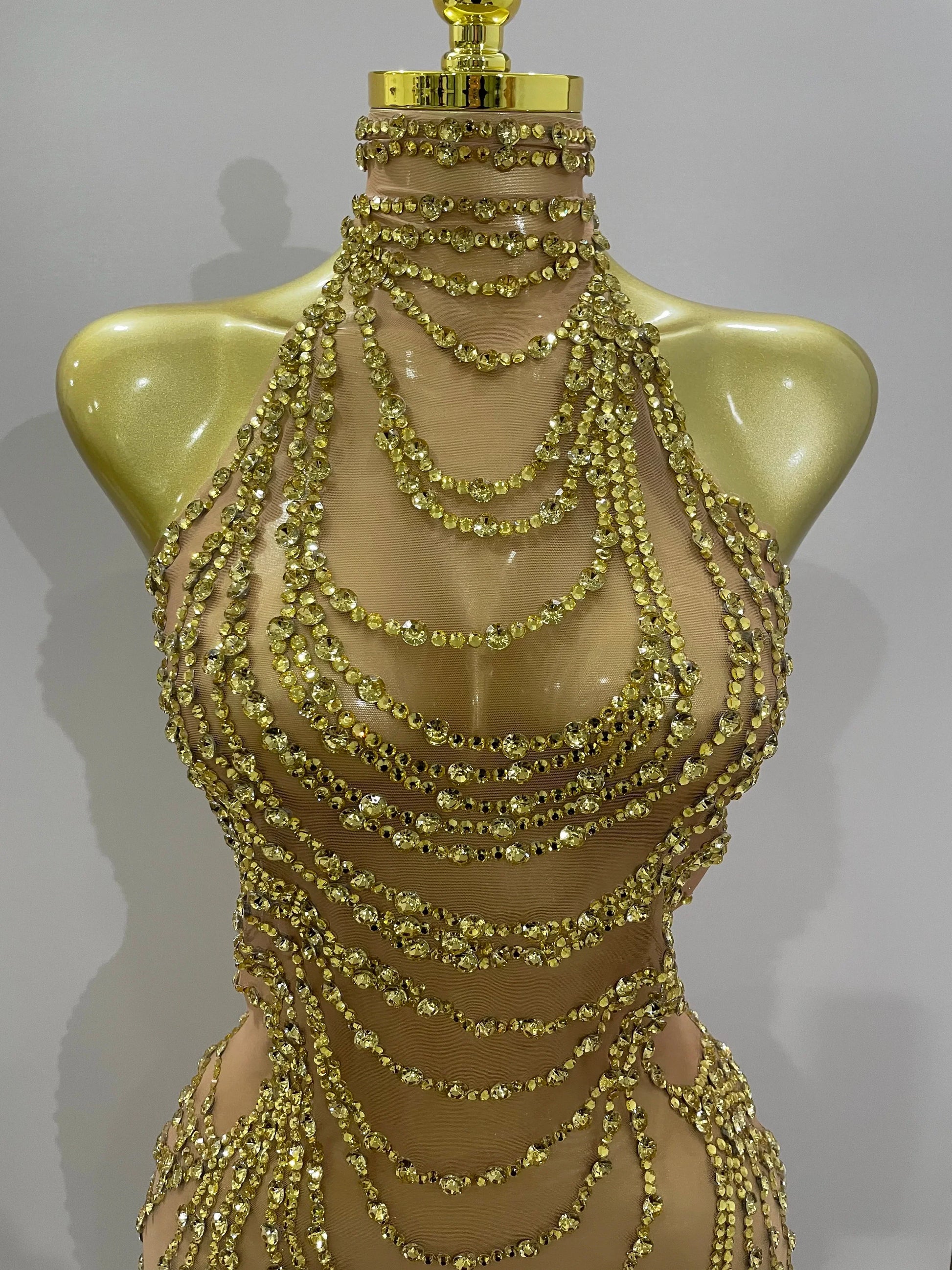 Luxury Sparkly Gold Rhinestone Sexy Transparent Mesh Long Dress Women Birthday Party Gown Stage Singer Performance Costume