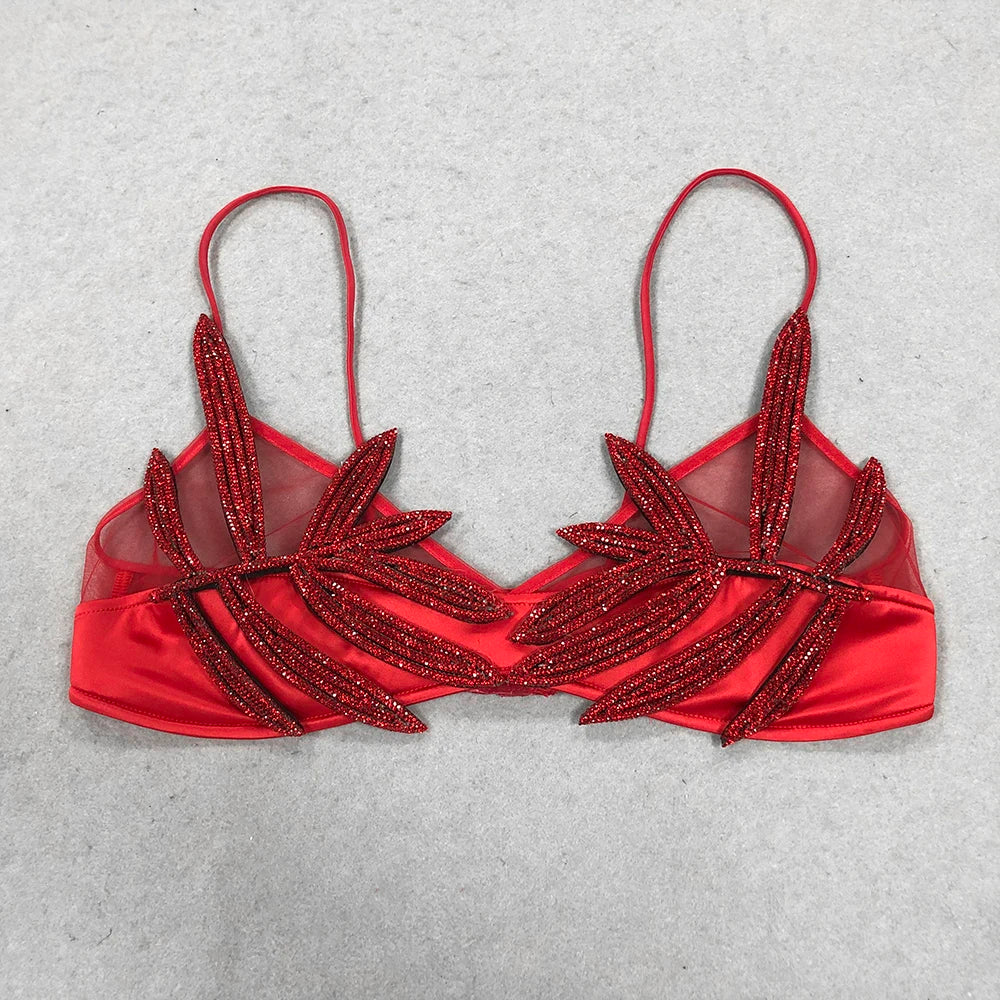 Sexy Women'S Chiffon Patchwork Satin Diamond Studded Bra Top Spaghetti Strap Sleeveless Concealed Button Ultra Short Top Red