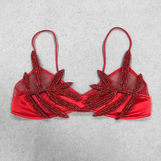 Sexy Women'S Chiffon Patchwork Satin Diamond Studded Bra Top Spaghetti Strap Sleeveless Concealed Button Ultra Short Top Red