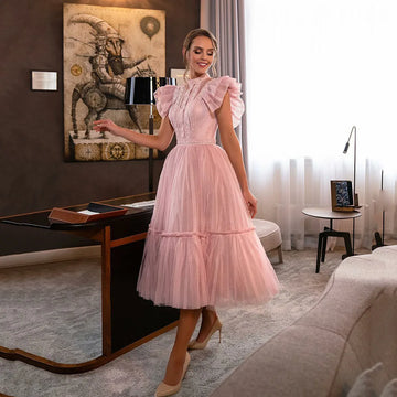 Pink Prom Dresses Tea Length A Line High Neck Saudi Arabia Graduation Formal Gown Evening robes de soirée