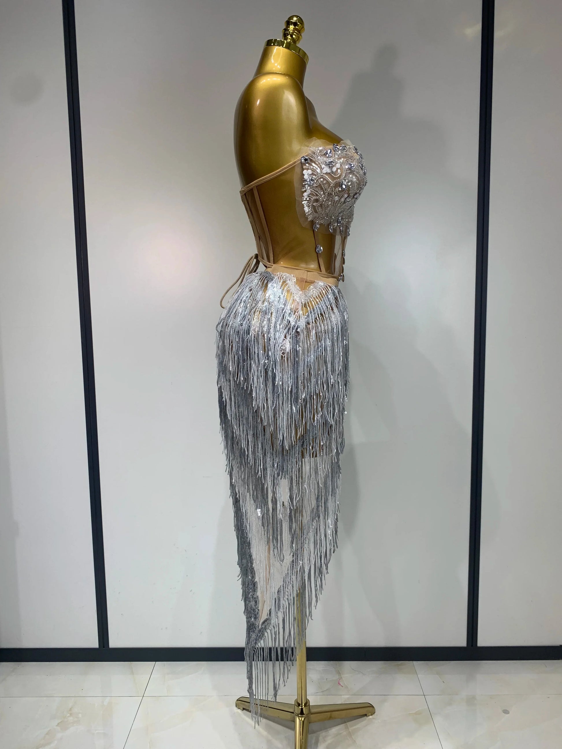 Women Sexy Singer Dancer Performan Costume Nightclub Bar Girl Sparkly Diamond Tassel Two Piece Set Evening Party Birthday Outfit