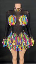 Women Shiny Colorful Diamonds Sexy Stretch Transparent Mesh Short Dress Nightclub Party Singer Stage Performance Costume black