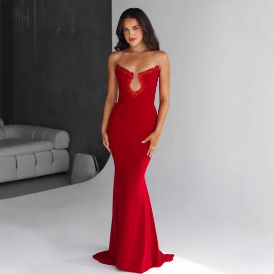 Red Color Women Sexy Strapless Shinning Crystal Bodycon Long Bandage Dress Wedding Mermaid Celebrate Evening Party Outfit