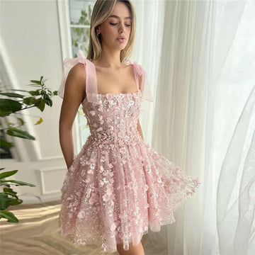 Fairy Pink Spaghetti Strap Prom Dress with 3D Flowers, Pleated and Ruched Above Knee Homecoming Vestido de Graduación Pink