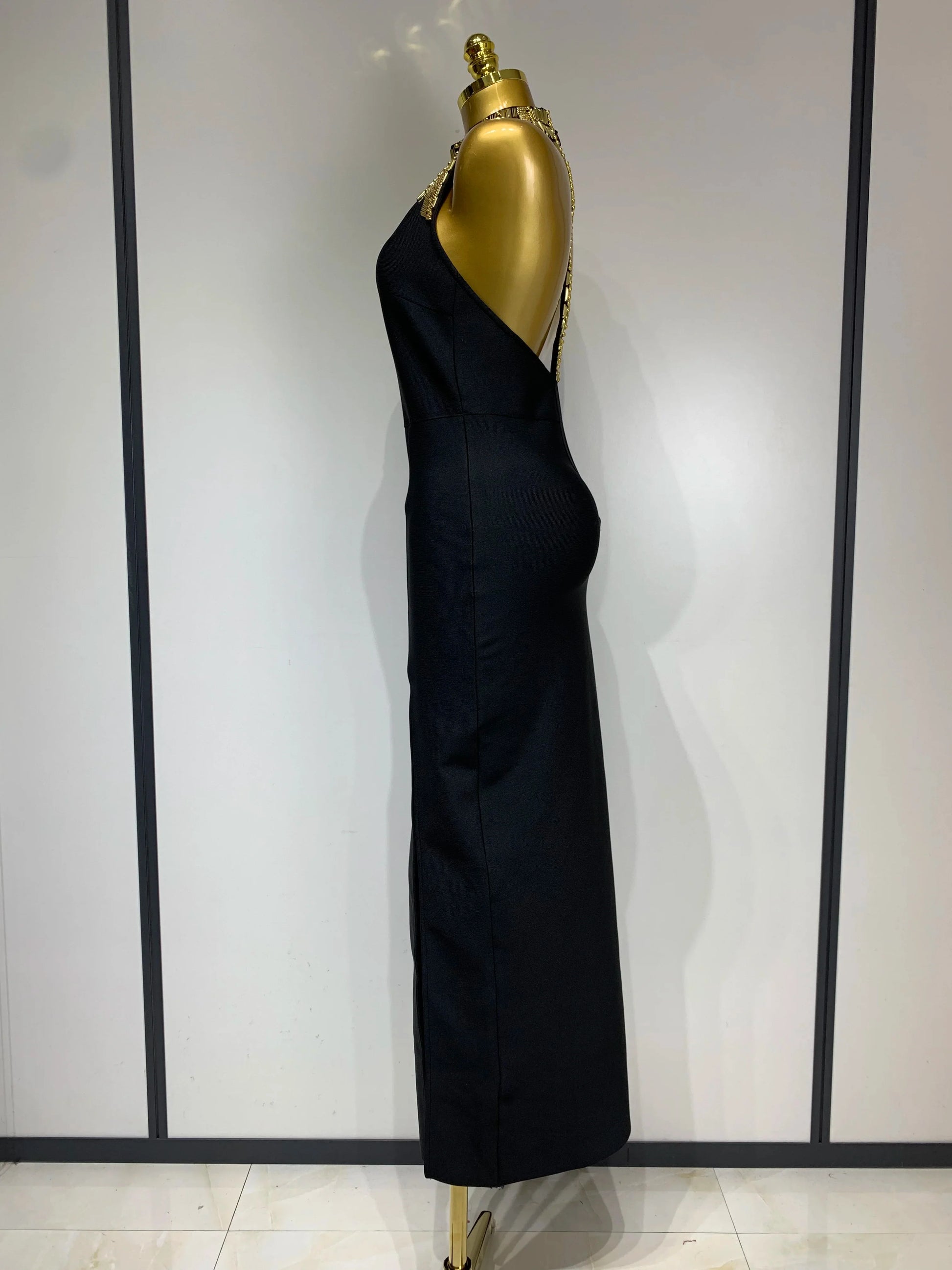 Women Fashion Celebrity Sexy Backless Beading Midi Black Bodycon Bandage Dress Elegant Evening Club Luxury Birthday Dresses