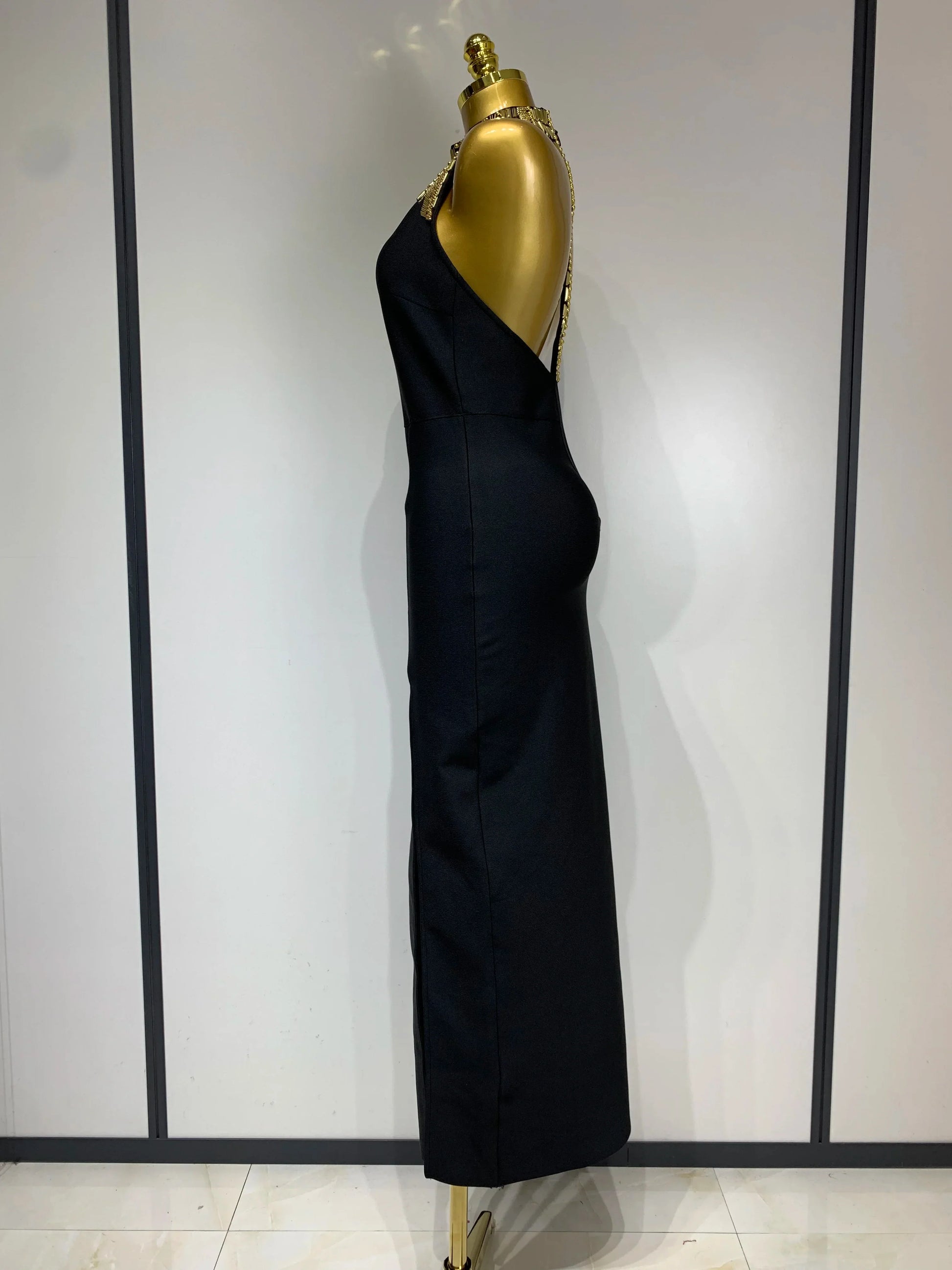 Women Fashion Celebrity Sexy Backless Beading Midi Black Bodycon Bandage Dress Elegant Evening Club Luxury Birthday Dresses