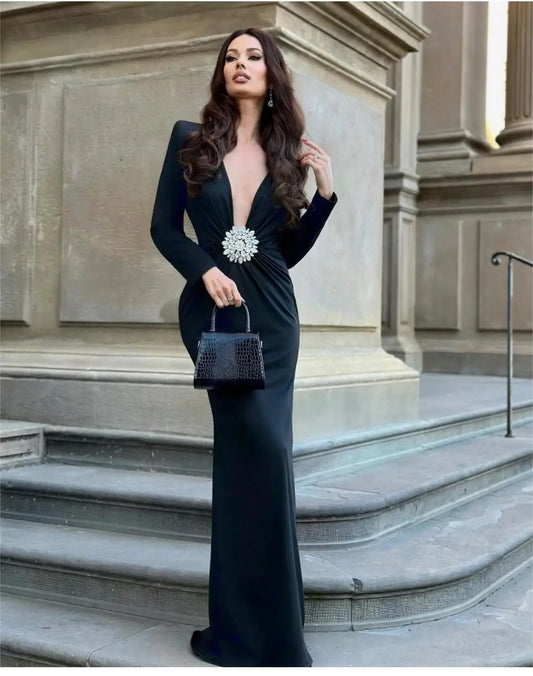 Autumn Shining Diamonds Sexy V-Neck Package Hip Black Floor Length Dress Graceful Woman Party Dress Cocktail Party Outfit