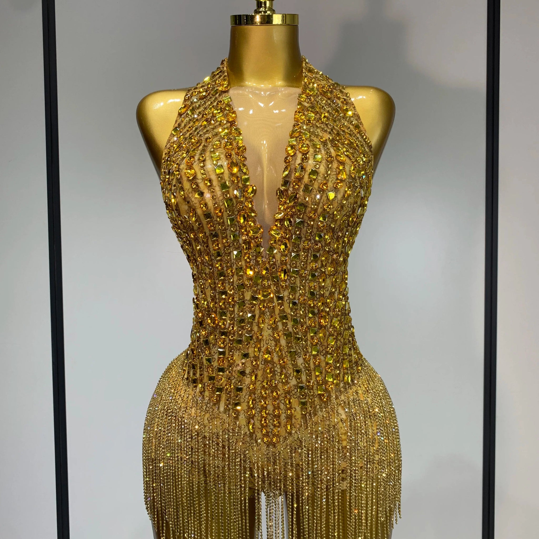 Women Sexy See Through Stretch Bodysuits Birthday Dancer Performance Wear Mesh Luxury Rhinestone Nightclub Hotwife Outfit Gold