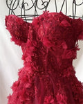Princess 3D Flower فساتين مناسبة رسمية Sweet A-line Tulle Evening Dress Purple Prom Dress Handmade Robe De Soirée Burgundy