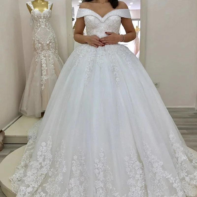 Luxus von der Schulter V-Ausschnitt Hochzeitskleid Spitze Diamant Perlen-Prinzessin Ballkleid Hochzeitskleid Plus Size Vestido de Noiva